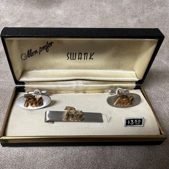 Pat Name Vintage Cufflinks and Tie Clip Bar Set Swank NOS in Original Box 1950s - Picture 5 of 6